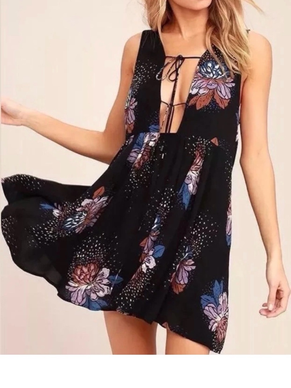 Free People Lovely Day, black floral Lace-Up Mini Dress tunic cover-up  sz Med